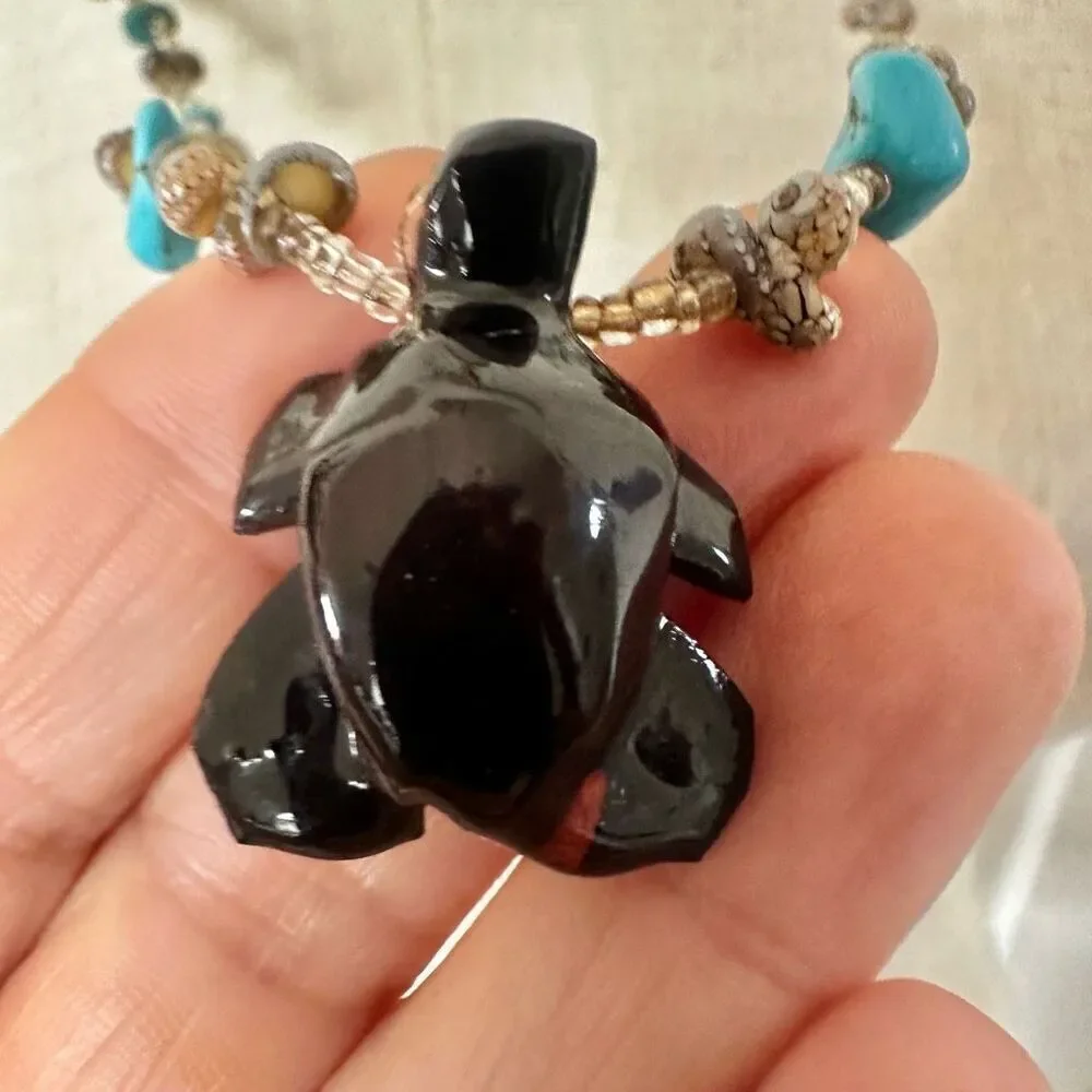 Turquoise and shell wood turtle long pendant necklace